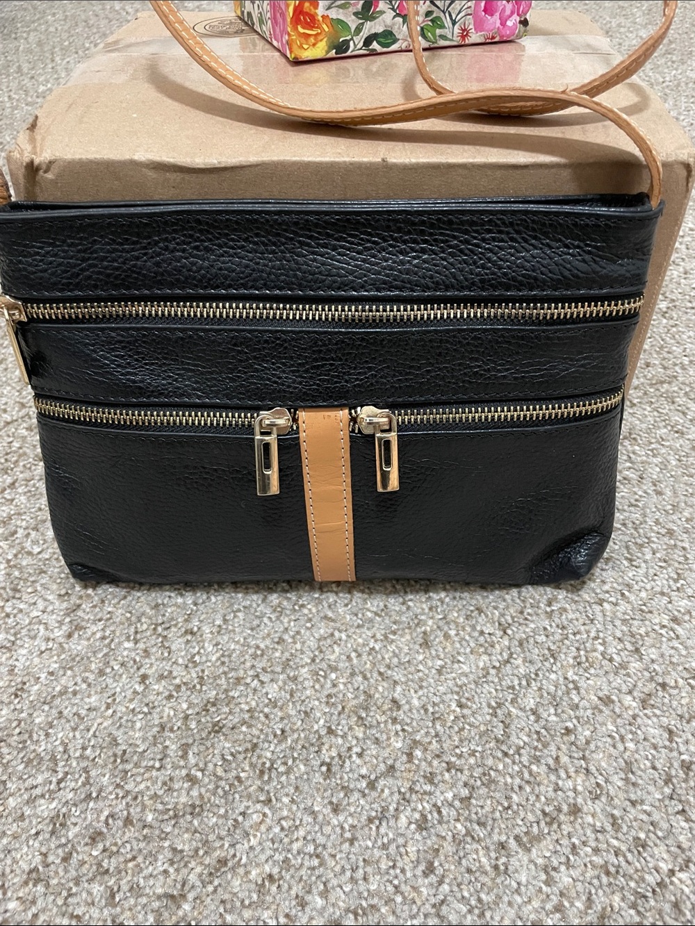 Barbieri Barbara black pebbles leather Crossbody Bag with Tan Strap